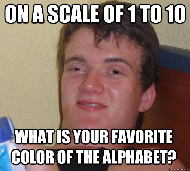 ON A SCALE OF 1 TO 10 WHAT IS YOUR FAVORITE COLOR OF THE ALPHABET? - ON A SCALE OF 1 TO 10 WHAT IS YOUR FAVORITE COLOR OF THE ALPHABET?  Over-Stoned Dave