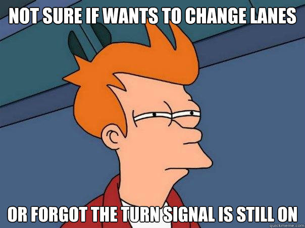 Not sure if wants to change lanes Or forgot the turn signal is still on  Futurama Fry