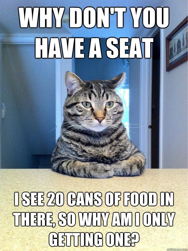 Why don't you have a seat i see 20 cans of food in there, so why am I only getting one?  Chris Hansen Cat