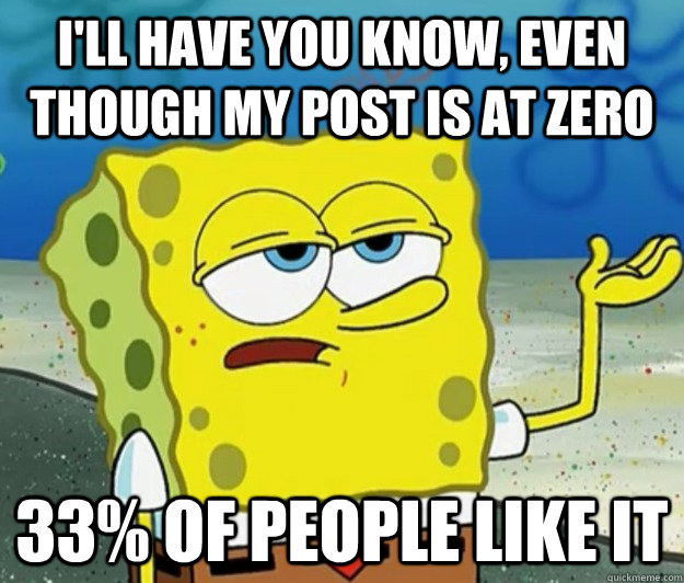 I'll have you know, even though my post is at zero 33% of people like it - I'll have you know, even though my post is at zero 33% of people like it  Tough Spongebob