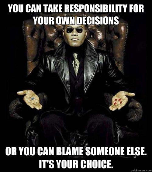 You can take responsibility for your own decisions or you can blame someone else.
It's your choice.  Morpheus