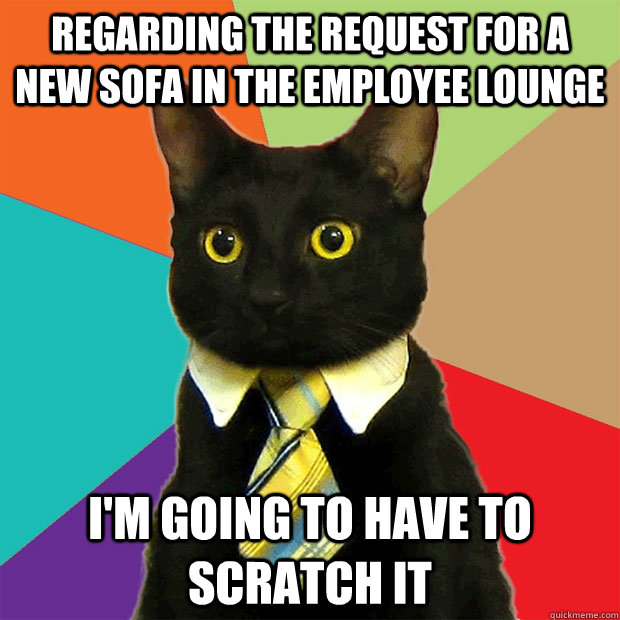 Regarding the request for a new sofa in the employee lounge I'm going to have to scratch it - Regarding the request for a new sofa in the employee lounge I'm going to have to scratch it  Business Cat