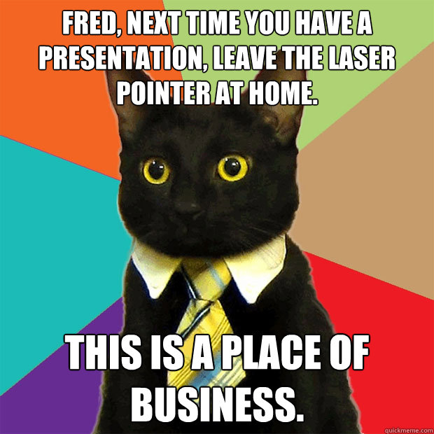 fred, next time you have a presentation, leave the laser pointer at home. this is a place of business.  Business Cat