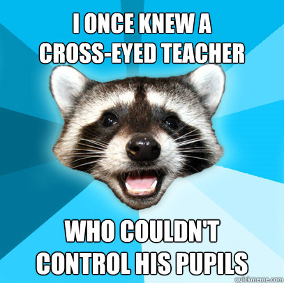 I once knew a 
cross-eyed teacher who couldn't 
control his pupils  Lame Pun Coon