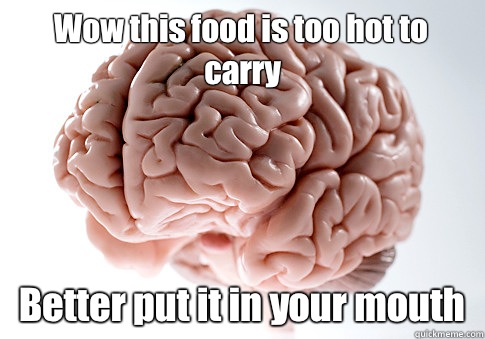 Wow this food is too hot to carry Better put it in your mouth   Scumbag Brain