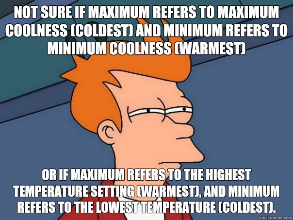 Not sure if maximum refers to maximum coolness (coldest) and minimum refers to minimum coolness (warmest) Or if maximum refers to the highest temperature setting (warmest), and minimum refers to the lowest temperature (coldest).  Futurama Fry