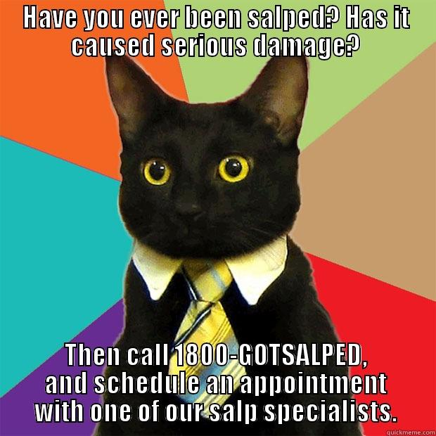 HAVE YOU EVER BEEN SALPED? HAS IT CAUSED SERIOUS DAMAGE? THEN CALL 1800-GOTSALPED, AND SCHEDULE AN APPOINTMENT WITH ONE OF OUR SALP SPECIALISTS. Business Cat