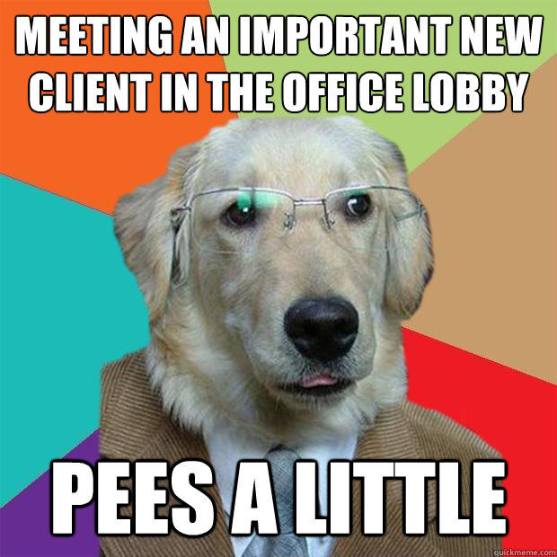 Meeting an important new client in the office lobby Pees a little - Meeting an important new client in the office lobby Pees a little  Business Dog