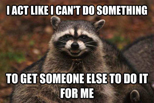 I ACT LIKE I CAN'T DO SOMETHING TO GET SOMEONE ELSE TO DO IT FOR ME - I ACT LIKE I CAN'T DO SOMETHING TO GET SOMEONE ELSE TO DO IT FOR ME  Evil Plotting Raccoon