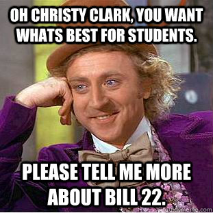 Oh Christy clark, you want whats best for students. Please tell me more about bill 22. - Oh Christy clark, you want whats best for students. Please tell me more about bill 22.  Condescending Wonka