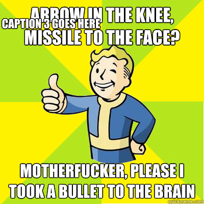 arrow in the knee, missile to the face? motherfucker, please i took a bullet to the brain Caption 3 goes here  Fallout new vegas