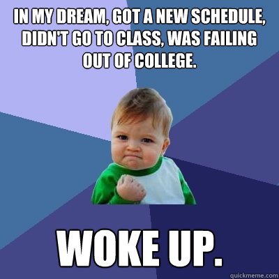 In my dream, got a new schedule, didn't go to class, was failing out of college. Woke up.  Success Kid