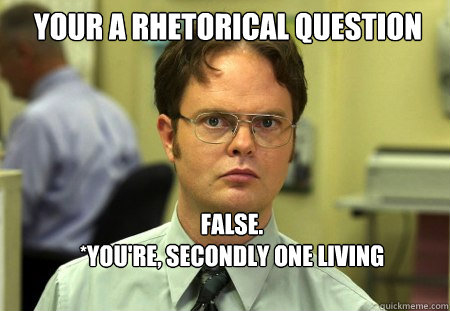 Your a Rhetorical Question FALSE.  
*You're, Secondly one living body cannot encompass a question - Your a Rhetorical Question FALSE.  
*You're, Secondly one living body cannot encompass a question  Schrute