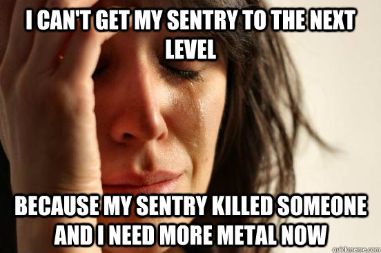 I can't get my sentry to the next level Because my sentry killed someone and I need more metal now  First World Problems