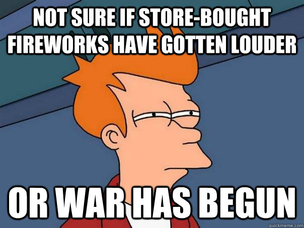 Not sure if store-bought fireworks have gotten louder Or war has begun  Futurama Fry