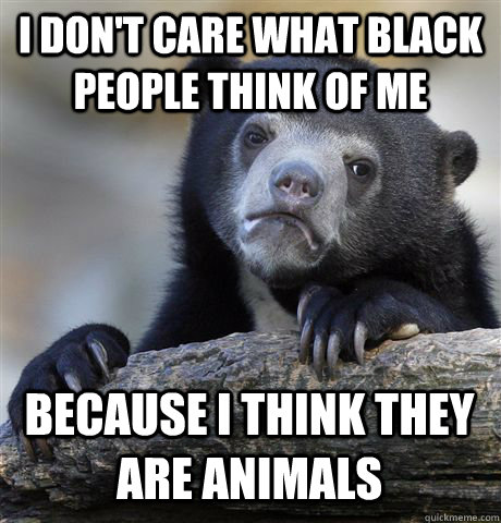 I DON'T CARE WHAT BLACK PEOPLE THINK OF ME BECAUSE I THINK THEY ARE ANIMALS  Confession Bear