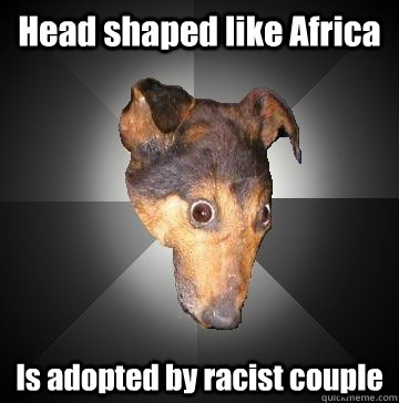 Head shaped like Africa Is adopted by racist couple  Depression Dog