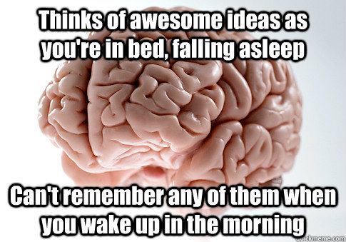 Thinks of awesome ideas as you're in bed, falling asleep Can't remember any of them when you wake up in the morning  - Thinks of awesome ideas as you're in bed, falling asleep Can't remember any of them when you wake up in the morning   Scumbag Brain