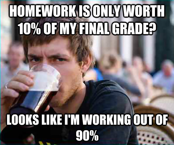 Homework is only worth 10% of my final grade? Looks like I'm working out of 90%  Lazy College Senior