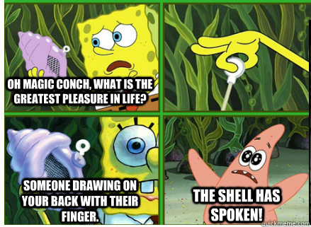 Oh magic conch, what is the greatest pleasure in life? someone drawing on your back with their finger. The SHELL HAS SPOKEN!  Magic Conch Shell