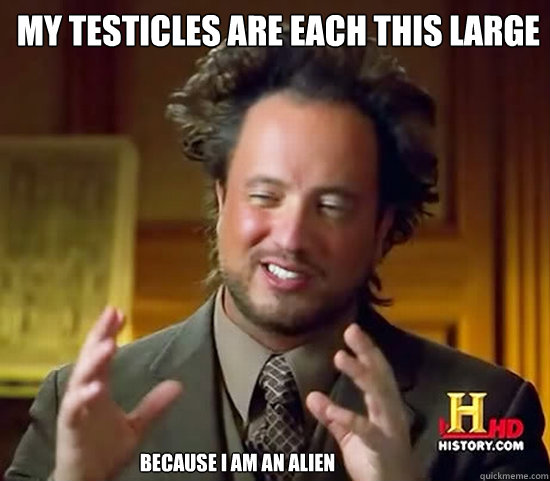 My testicles are each this large because I am an alien - My testicles are each this large because I am an alien  Ancient Aliens