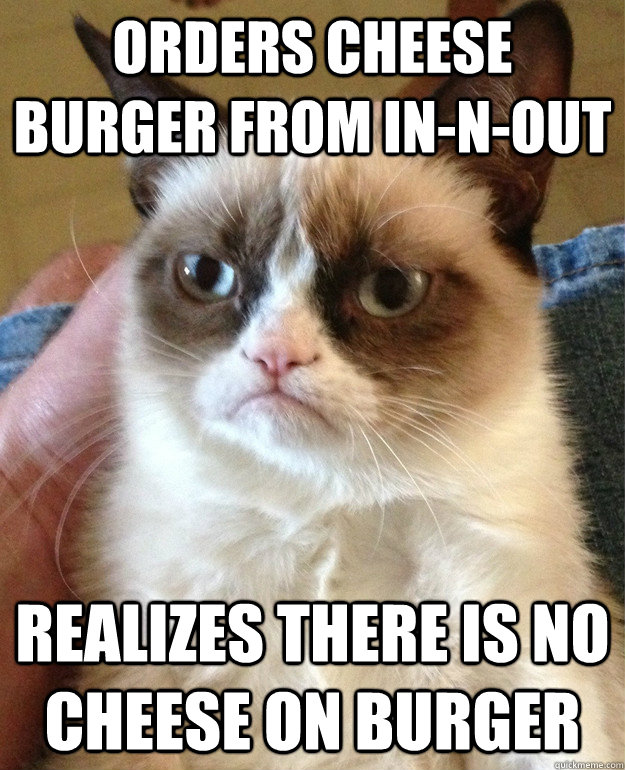 Orders cheese burger from in-n-out Realizes there is no cheese on burger  Grumpy Cat