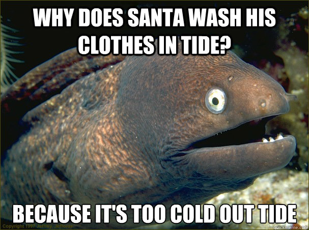 Why does santa wash his clothes in tide? Because it's too cold out tide  Bad Joke Eel