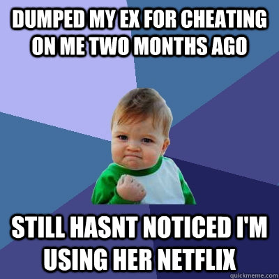 Dumped my ex for cheating on me two months ago still hasnt noticed i'm using her netflix  Success Kid