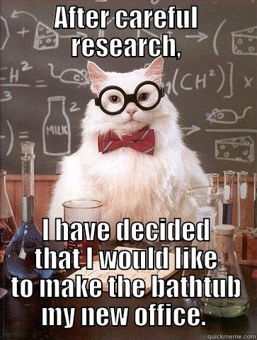 AFTER CAREFUL RESEARCH, I HAVE DECIDED THAT I WOULD LIKE TO MAKE THE BATHTUB MY NEW OFFICE.  Chemistry Cat