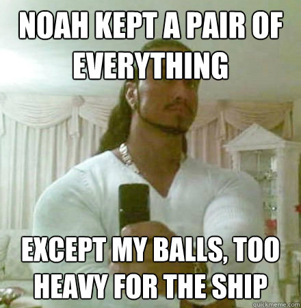 NOAH KEPT A PAIR OF EVERYTHING EXCEPT MY BALLS, TOO HEAVY FOR THE SHIP  Guido Jesus