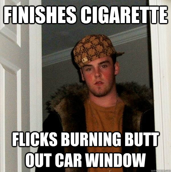 Finishes cigarette  Flicks burning butt out car window   Scumbag Steve