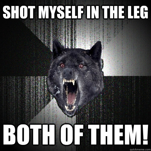 Shot myself in the leg both of them!  Insanity Wolf