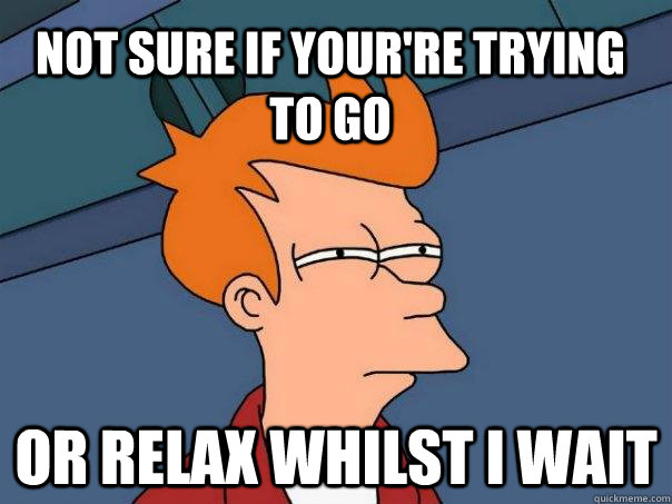 Not sure if your're trying to go or relax whilst I wait  Futurama Fry