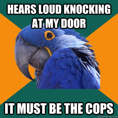 hears loud knocking at my door it must be the cops - hears loud knocking at my door it must be the cops  Paranoid Parrot