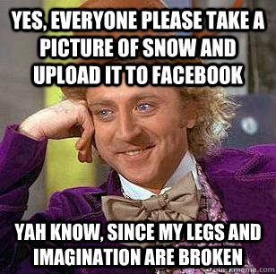 Yes, everyone please take a picture of snow and upload it to facebook Yah know, since my legs and imagination are broken  Condescending Wonka