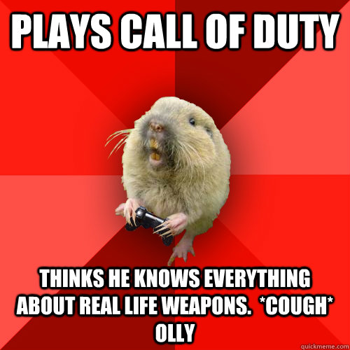 Plays call of duty Thinks he knows everything about real life weapons.  *cough* Olly  Gaming Gopher