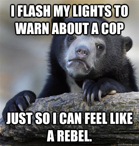 I flash my lights to warn about a cop just so i can feel like a rebel. - I flash my lights to warn about a cop just so i can feel like a rebel.  Confession Bear