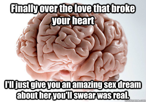 Finally over the love that broke your heart I'll just give you an amazing sex dream about her you'll swear was real.   Scumbag Brain