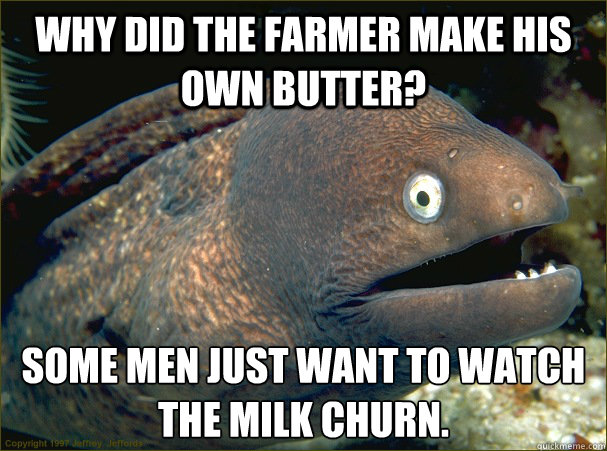 Why did the farmer make his own butter? Some men just want to watch the milk churn. - Why did the farmer make his own butter? Some men just want to watch the milk churn.  Bad Joke Eel