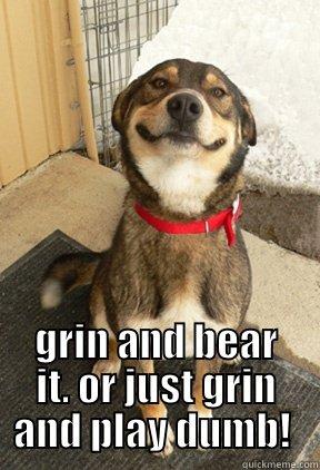 Grin and Bear it.  -  GRIN AND BEAR IT. OR JUST GRIN AND PLAY DUMB!  Good Dog Greg