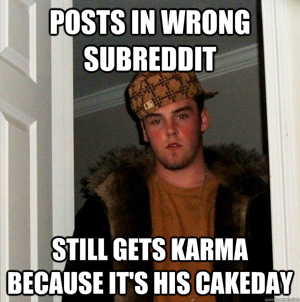 Posts in wrong subreddit still gets karma because it's his cakeday  Scumbag Steve