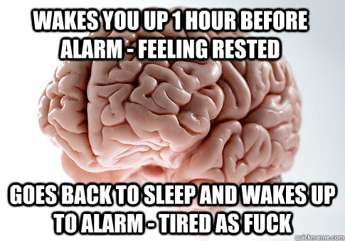 WAKES YOU UP 1 HOUR BEFORE ALARM - FEELING RESTED GOES BACK TO SLEEP AND WAKES UP TO ALARM - TIRED AS FUCK - WAKES YOU UP 1 HOUR BEFORE ALARM - FEELING RESTED GOES BACK TO SLEEP AND WAKES UP TO ALARM - TIRED AS FUCK  Scumbag Brain