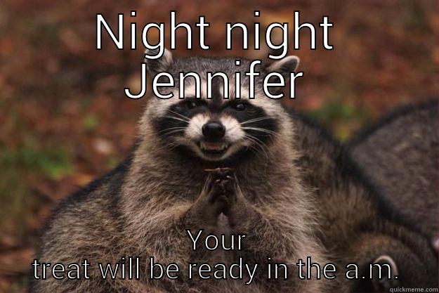 NIGHT NIGHT JENNIFER YOUR TREAT WILL BE READY IN THE A.M. Evil Plotting Raccoon