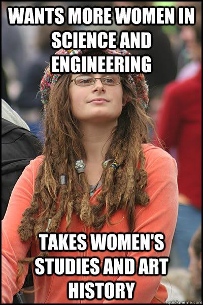 Wants more women in science and engineering Takes women's studies and art history  College Liberal