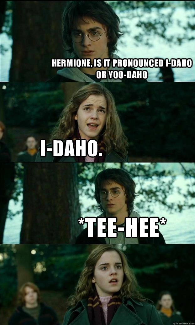 Hermione, is it pronounced I-daho or Yoo-daho I-daho. *tee-hee*  Horny Harry