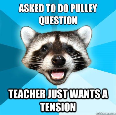 ASKED TO DO PULLEY QUESTION
 TEACHER JUST WANTS A TENSION - ASKED TO DO PULLEY QUESTION
 TEACHER JUST WANTS A TENSION  Lame Pun Coon