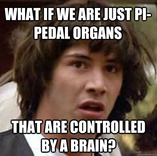 What if we are just pi-pedal organs that are controlled by a brain? - What if we are just pi-pedal organs that are controlled by a brain?  conspiracy keanu