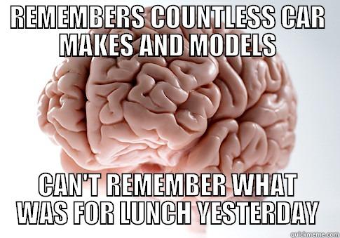 REMEMBERS COUNTLESS CAR MAKES AND MODELS CAN'T REMEMBER WHAT WAS FOR LUNCH YESTERDAY Scumbag Brain