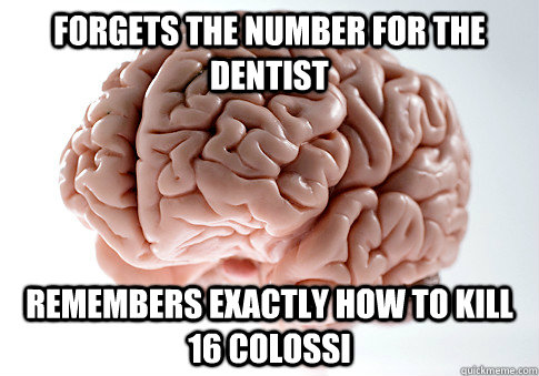 Forgets the number for the dentist Remembers exactly how to kill 16 colossi  Scumbag Brain