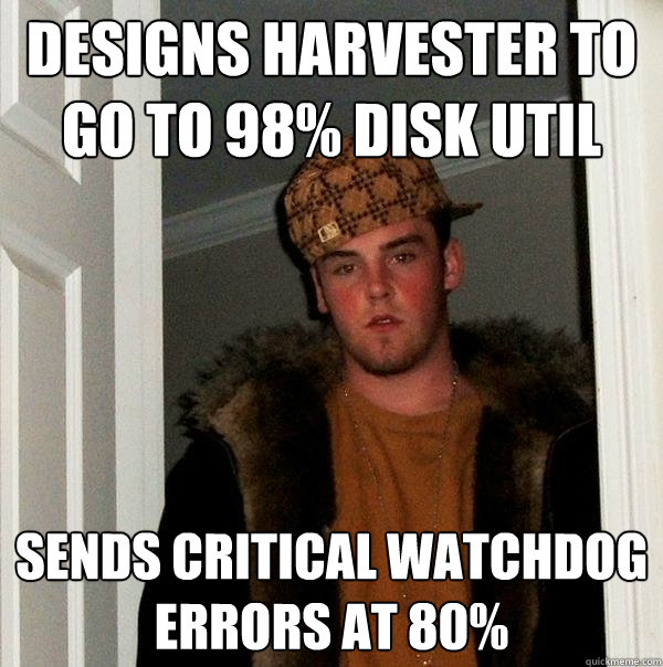 DESIGNS harvester to go to 98% disk util Sends critical watchdog errors at 80%  Scumbag Steve